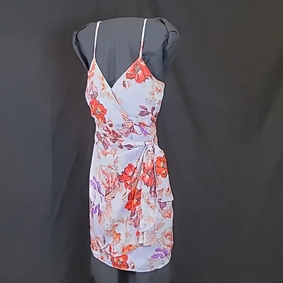 Guess | Dresses | Guess Floralprint Wraptie Front Satinsilky Light  Pinkpurple Lined Mini Dress | Poshmark